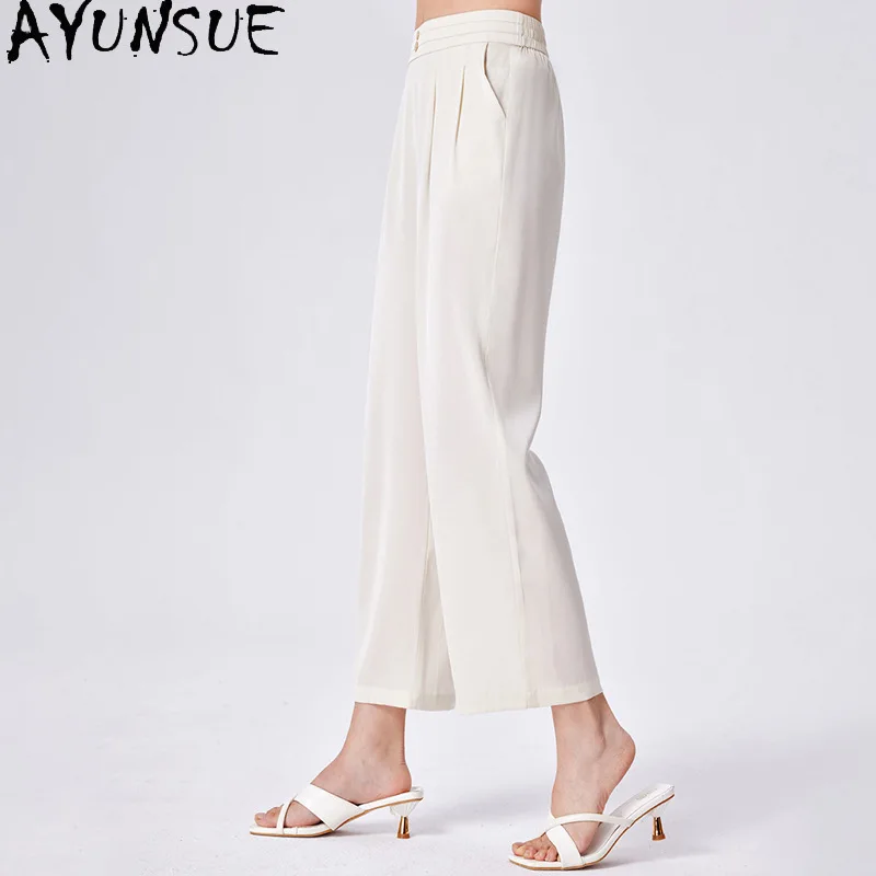 AYUNSUE 95% Silk Women's Pants and Trousers High Waist Wide Leg Pants for Woman Solid Color Summer Pants Woman Clothes Штаны
