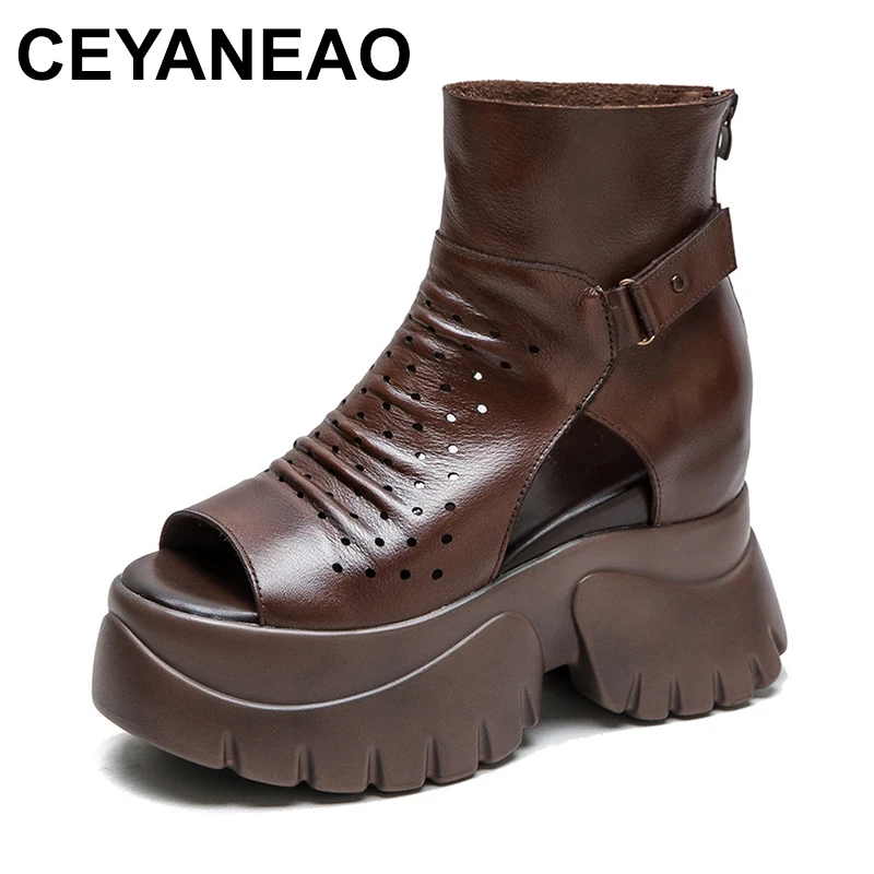 2024 Genuine Leather Gladiator Sandals For Women Summer Open Toe Cool Boots Back Zipper Height Increasing Platform Boots