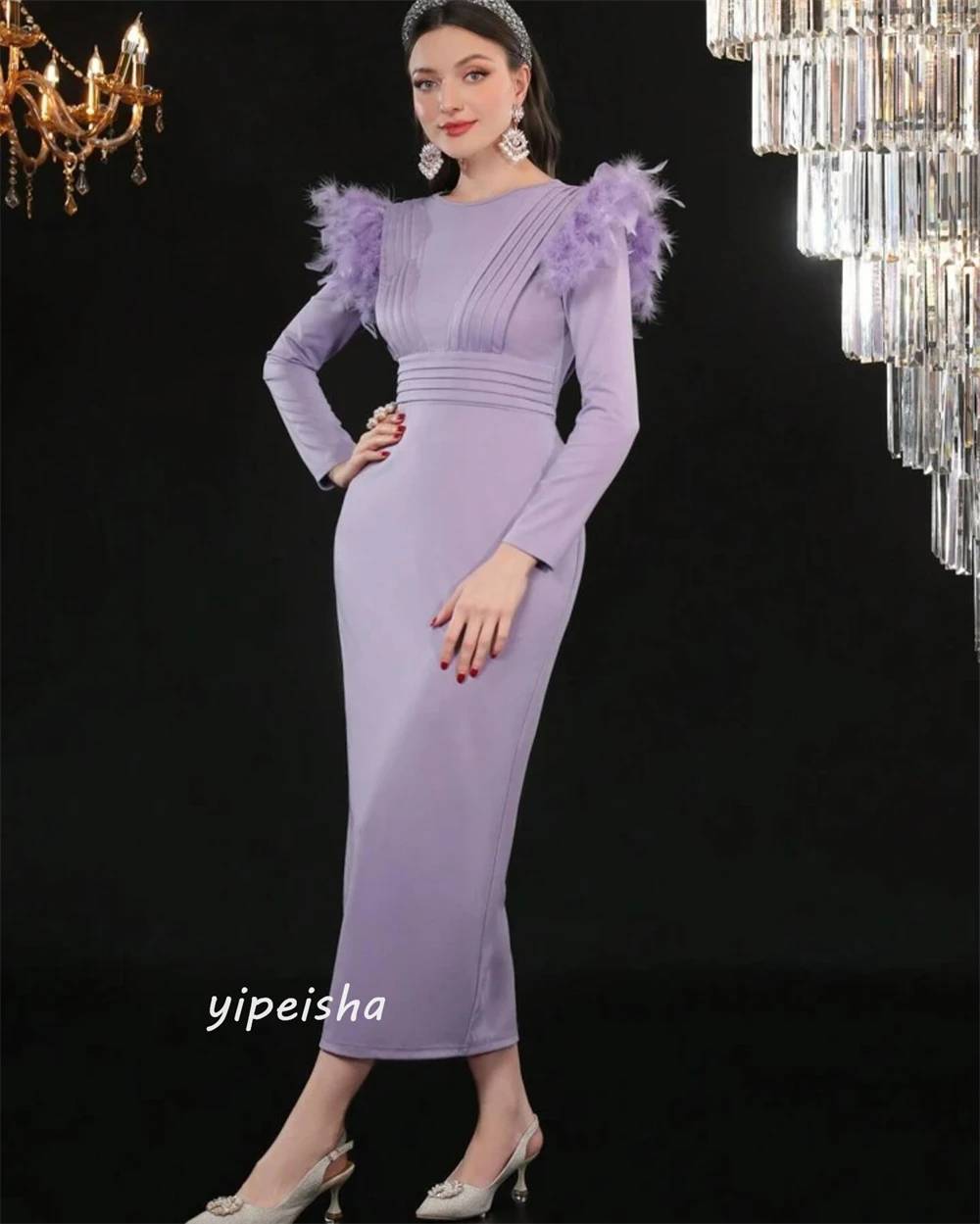 Satin Feather Pleat Homecoming A-line O-Neck Bespoke Occasion Dresses Ankle-Length