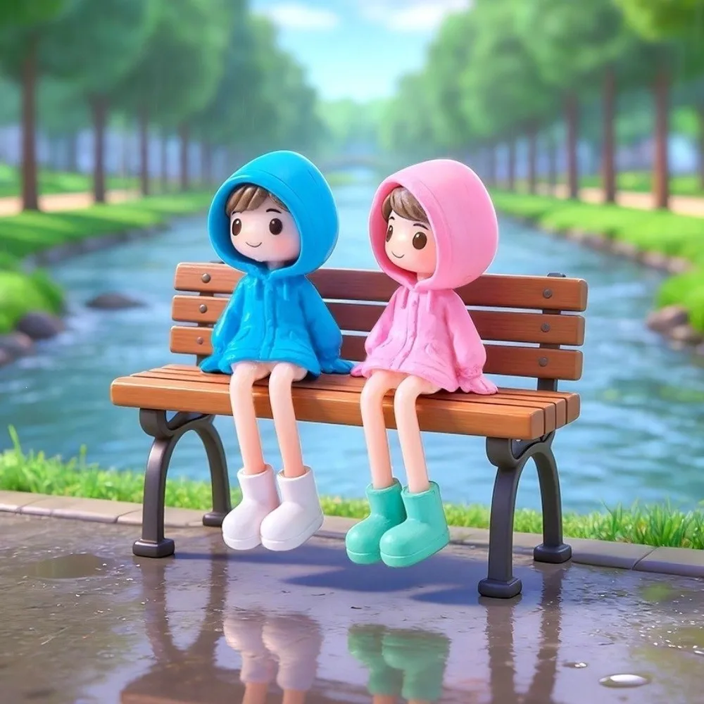 4Pcs PVC Raincoat Figurine Set Long Legged Hand Painted Miniature Hoodie Girl Figure DIY Craft Rain Boots