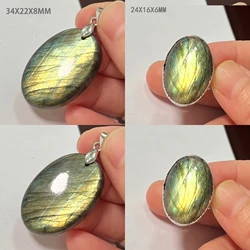 2-4Pcs/Set Labradorite Pendant & Ring Set Natural Stone Irregular Shape Bead Pink for Women Men Jewelry 2Pcs