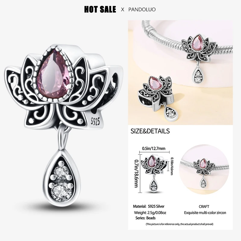 2024 New in Hot Sale Vintage Lotus Shape Charm Beads Fits Pandach Original Bracelet Women 925 Silver Pendant Bead Jewelry Gift