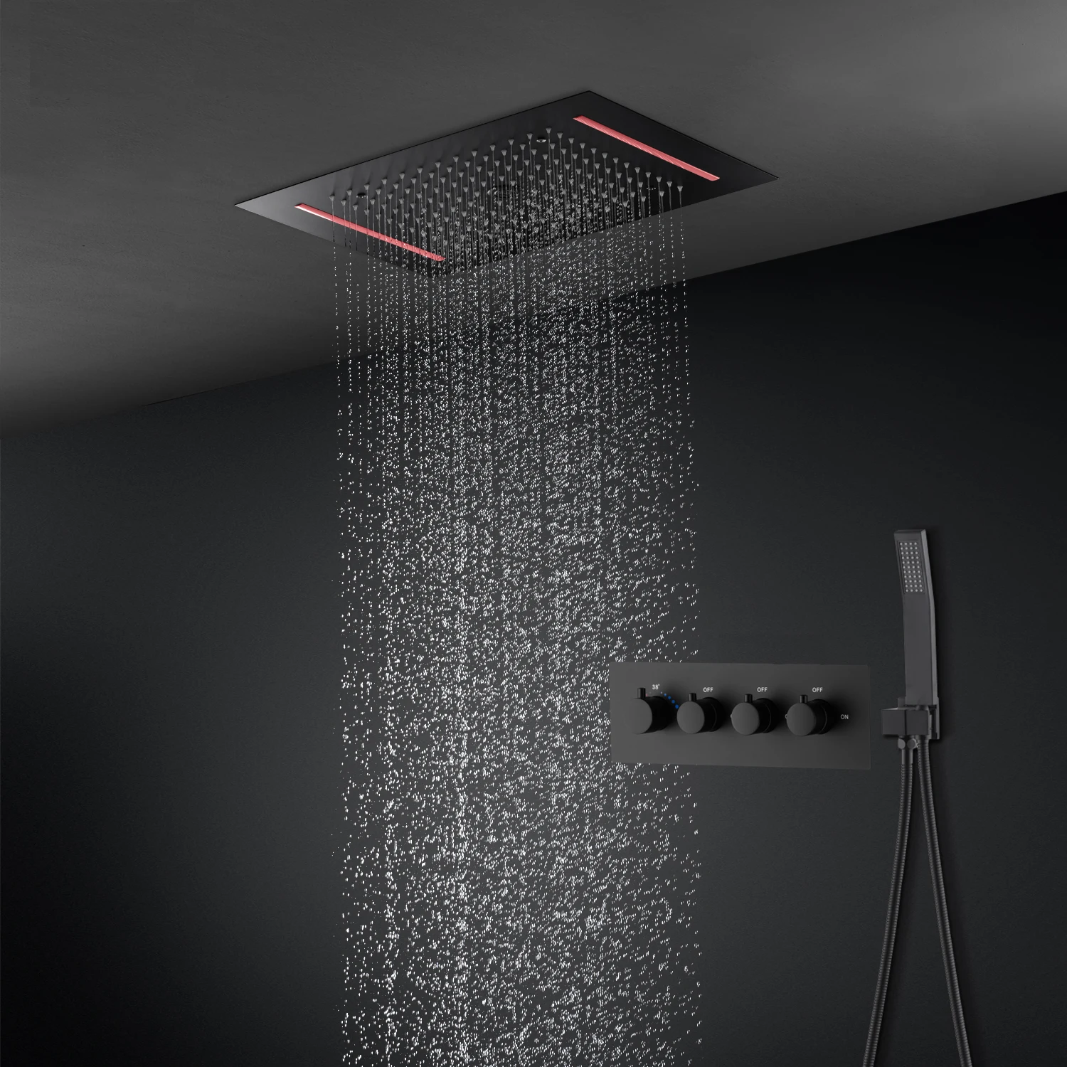 

OLEFY Bathroom Shower 360*500MM Water Column Black Rain Shower Head 3 Ways Thermostatic Embedded Mixer LED Shower Set