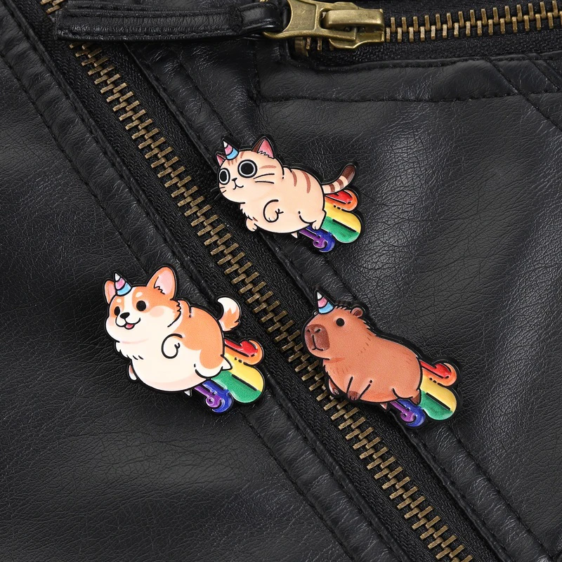 Unicorn Rainbow Fart Animal Pin Cat Corgi Capybara Cute Meme Badge for Funny Gift and Pride Support Everyday Bag Decoration