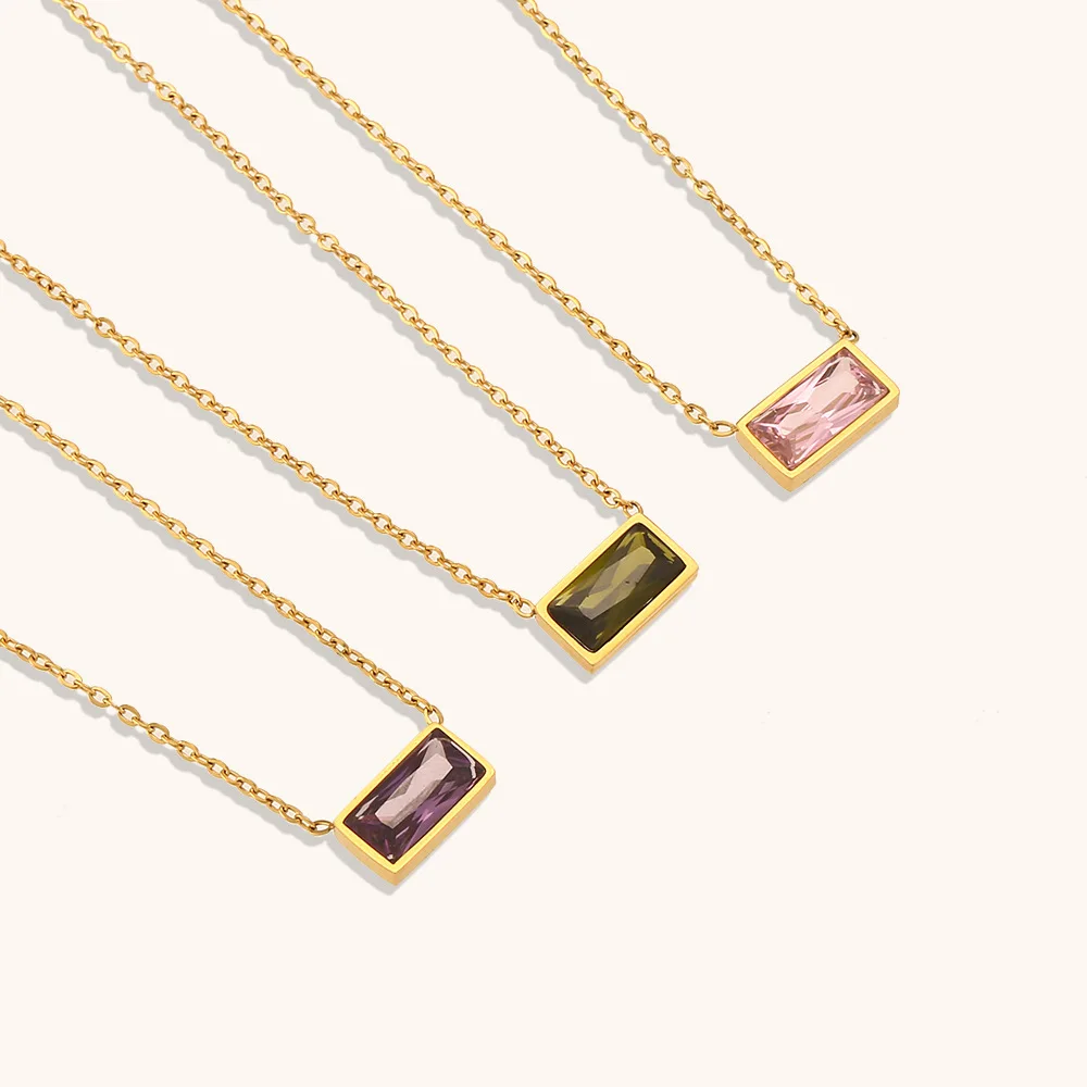 Wholesale 5/10/20pc Stainless Steel Pink Diamond Blue Green Tourmaline CZ Zircon Square Crystal Pendant Chain Necklace For Women