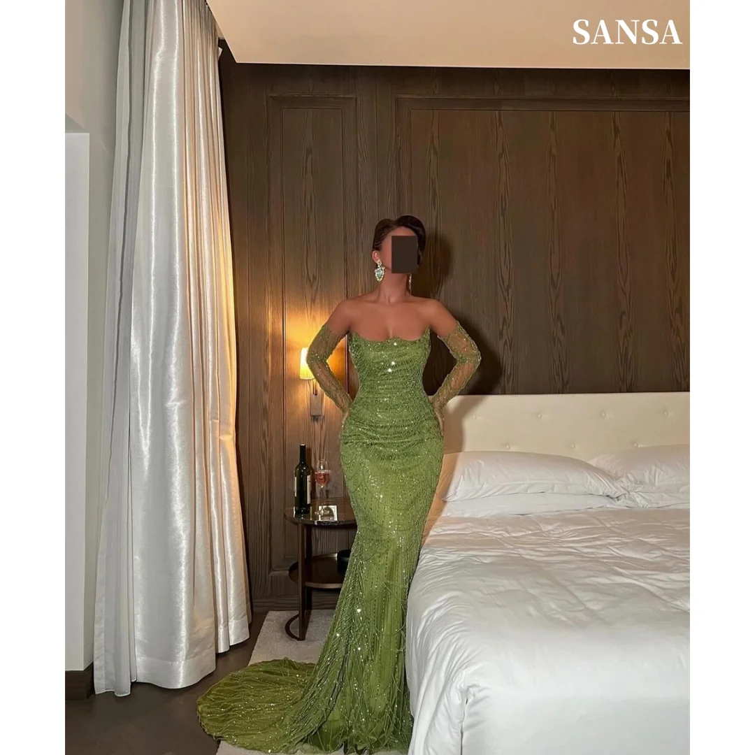 Sansa Customized Strapless Prom Dresses Glitter Sequin Crystal Beaded Vestidos De Noche Mermaid Floor Length Formal Evening 2026