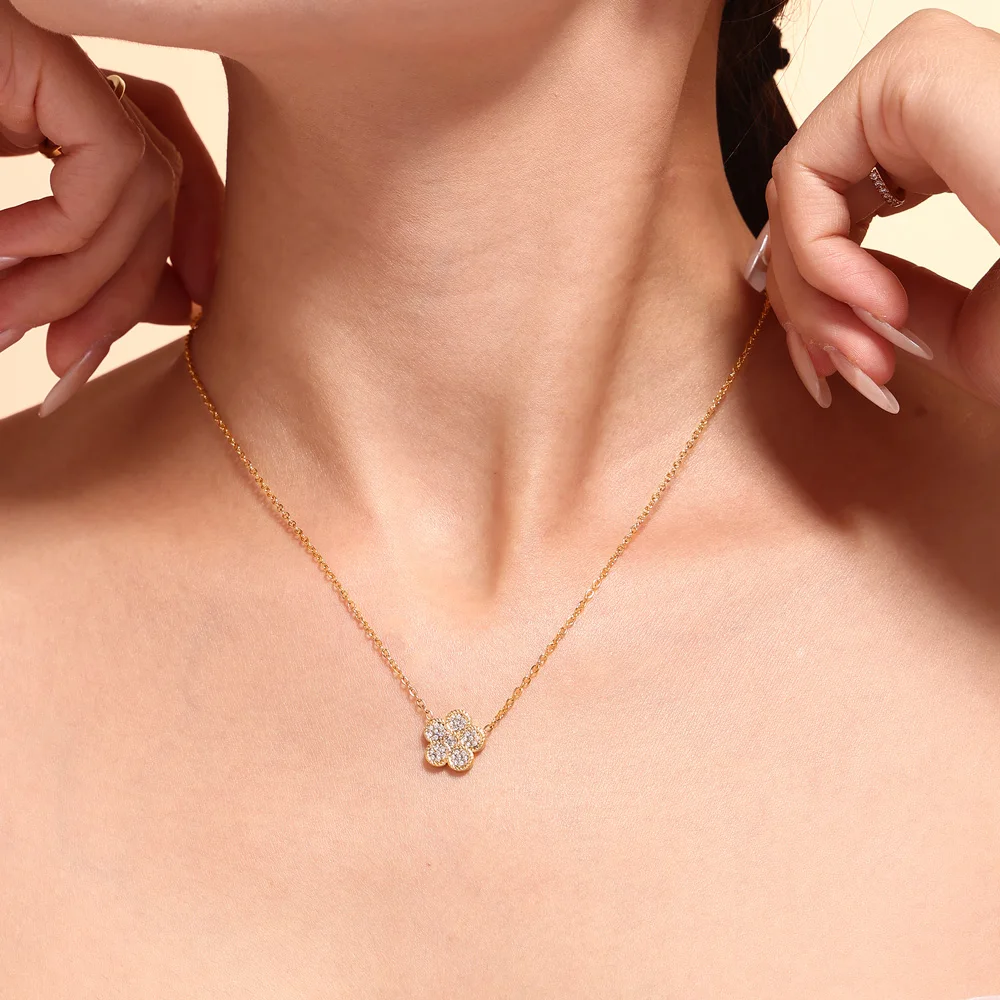 Stainless Steel Thin Chain Women Necklace Bracelets Zircon Flower Pendant Jewelry Sets For Women Wedding Party Gifts