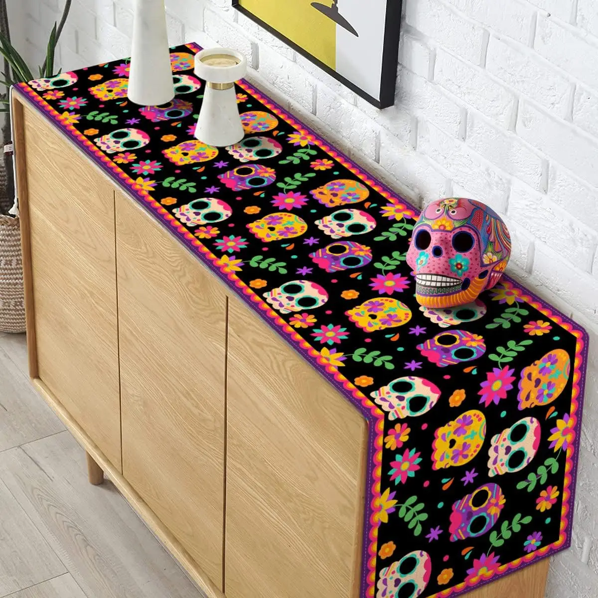 Mexican Day of The Dead Linen Table Runner Fiesta Party Decor Mexico Sugar Skull Dia De Los Muertos Table Runner for Table Decor