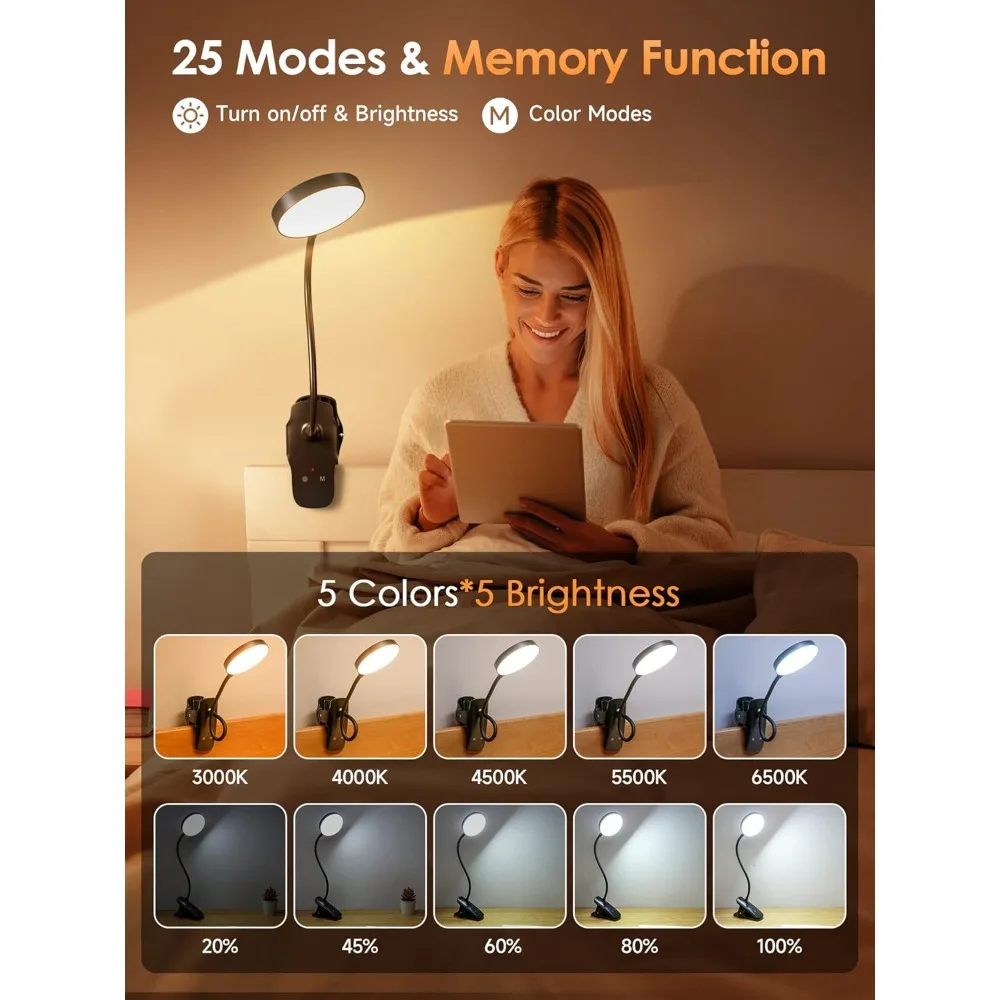 مشبك موبارك على المصباح، 5 سطوع + 5 ألوان مشبك على الضوء، 200LM 36 مصباح قراءة LED للكتب في السرير، لام يعمل بالبطارية 1800 مللي أمبير في الساعة