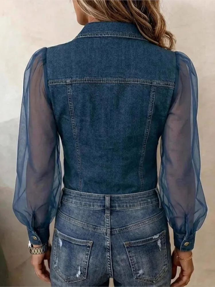 Women's Fashion Casual V-neck Denim-like Chiffon Long-sleeved Blouse Shirt New Autumn Elegant Solid Holida Y Party Casual Shirts