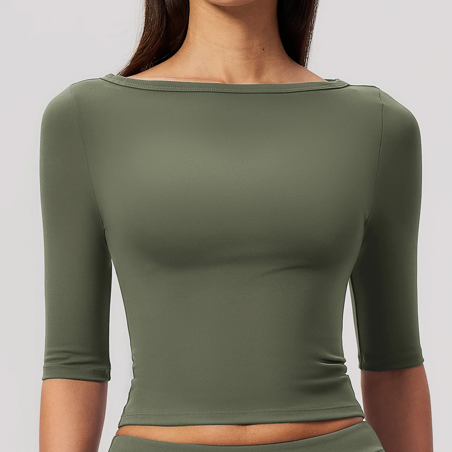 Yoga Mid Sleeve Womens Fitness T-shirt top Running Workout Gym Wear Top Boat Neck Cropped Slim Fit Stretch Sporty Tee Activewear