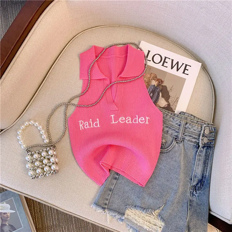 Korean Rose Red Polo Collar Sleeveless Knitted Suspender Vest Letter Women\'s Summer New Slim Simple V-neck Short Top