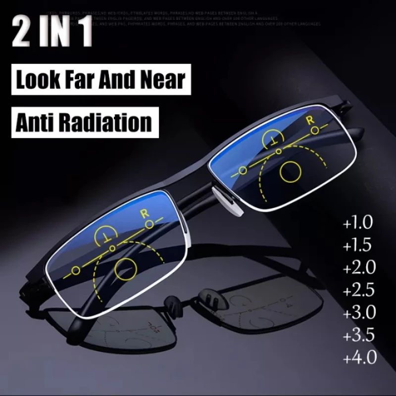 

Multifocal Progressive Reading Glasses Men Women Anti Blue UV Protect EyesGlasses Half Frame Automatic Adjustment Eyewear