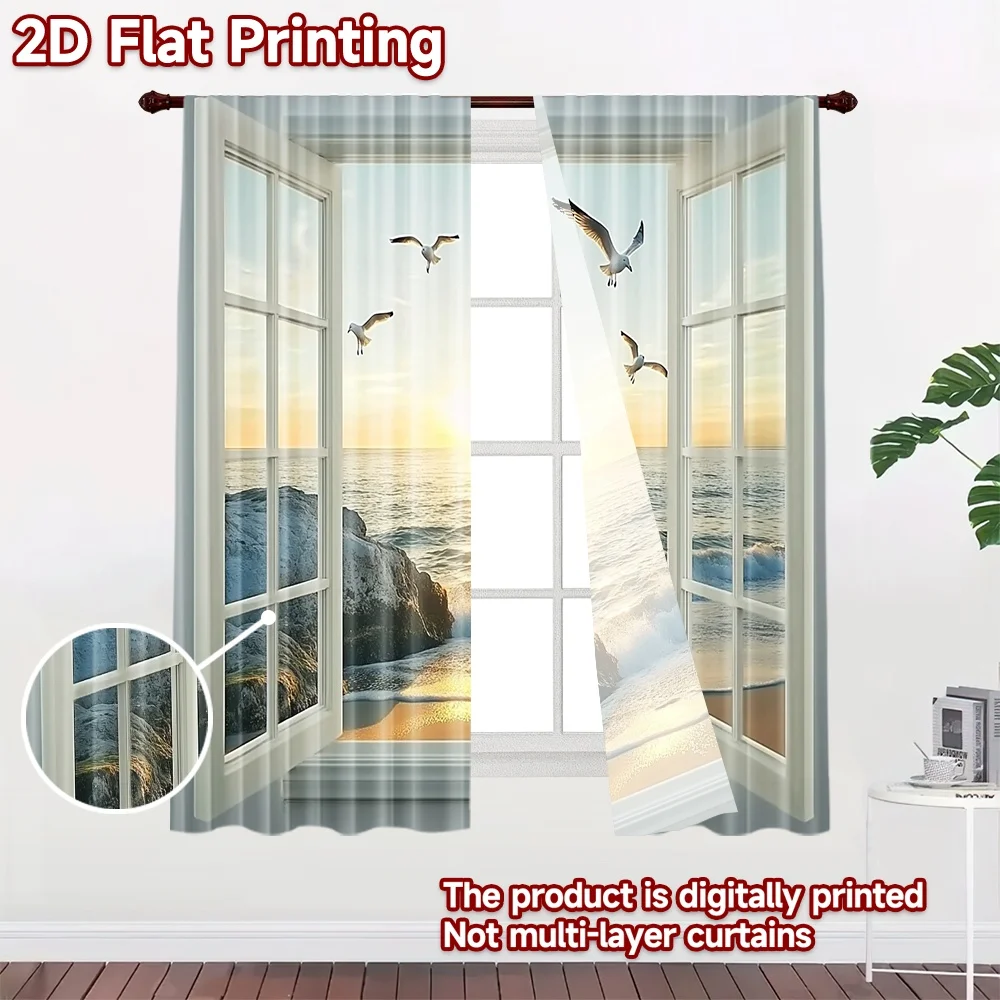 2D flat 2pcs Curtain Country Style Open Beach Sunrise Digitally printed polyester, colorfast Festive Holiday Perfect for Festive
