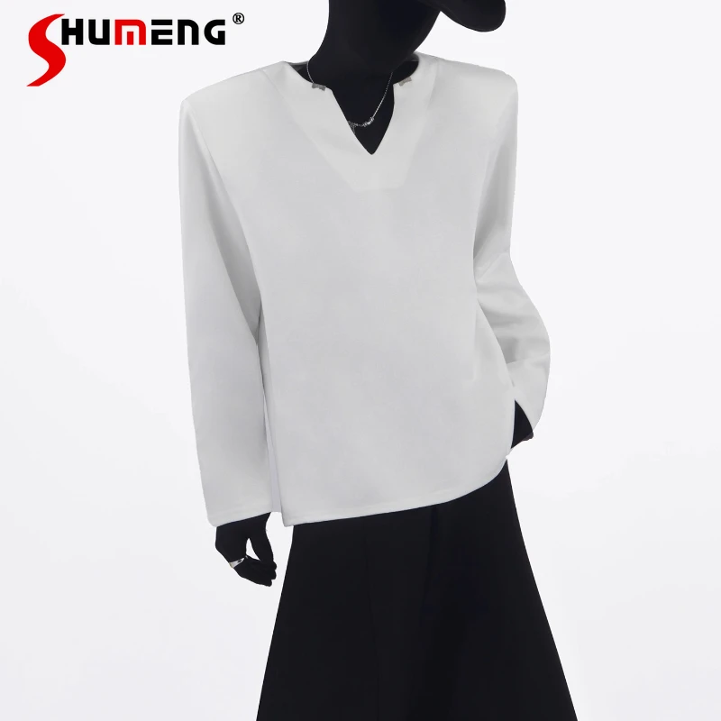 

2025 Men's Autumn New Simple V-Neck Personality Tees Male Padded Shoulder Long Sleeve T-Shirt Men's Trendy Versatile Loose Tops