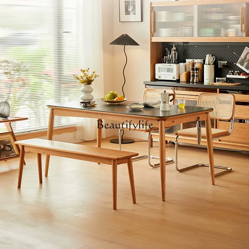 

Nordic solid wood dining table pure white black rock slab dining table Nordic cherry wood dining table