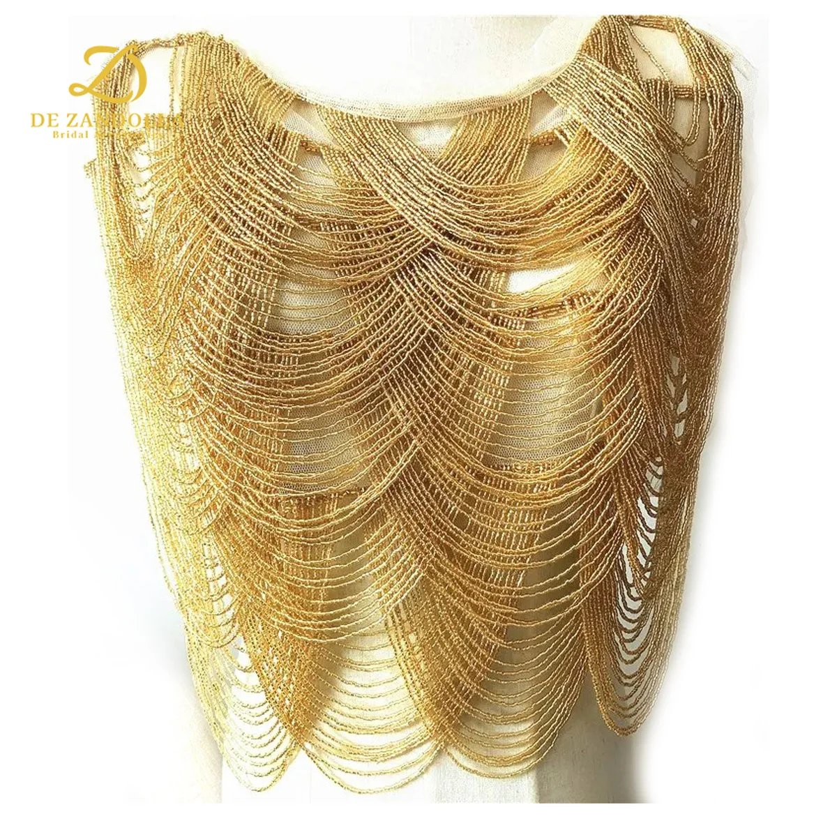 

Gold 5 Stripes Sewn Beads Fringe Patch Wave Shape Tassels for Bridal Wedding Dresses Gown Lace Applique Home Textile Accessories