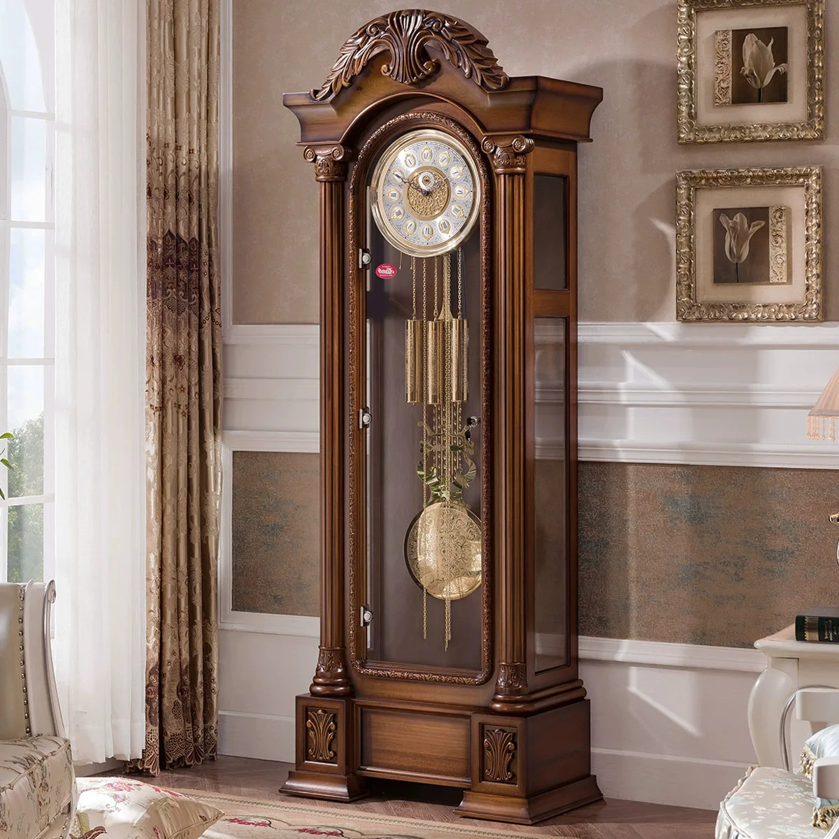 Retro floor clock European living room clock Luxury atmosphere Solid wood standing clock