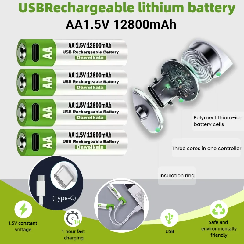 

1.5V Rechargeable Lithium Battery AA 12800mAh Fast Charging USB-C for LED Flashlight Camera Keyboard Mouse Toys High Capacity
