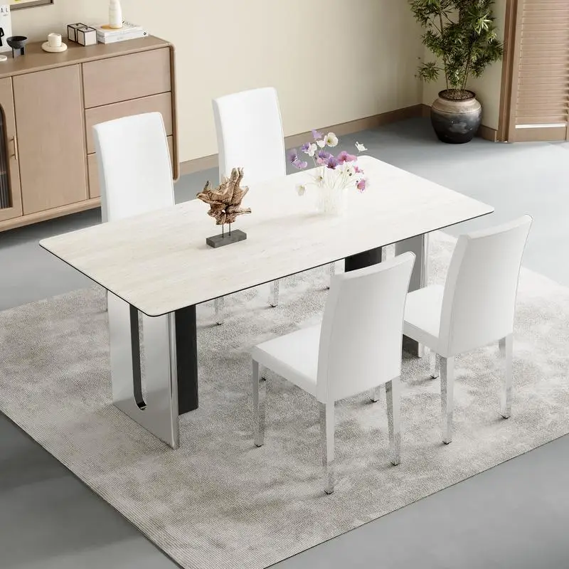 Juego de 4 sillas de cuero PU blanco con patas de metal plateado: diseño de respaldo elegante para hogares modernos y minimalistas, dimensiones