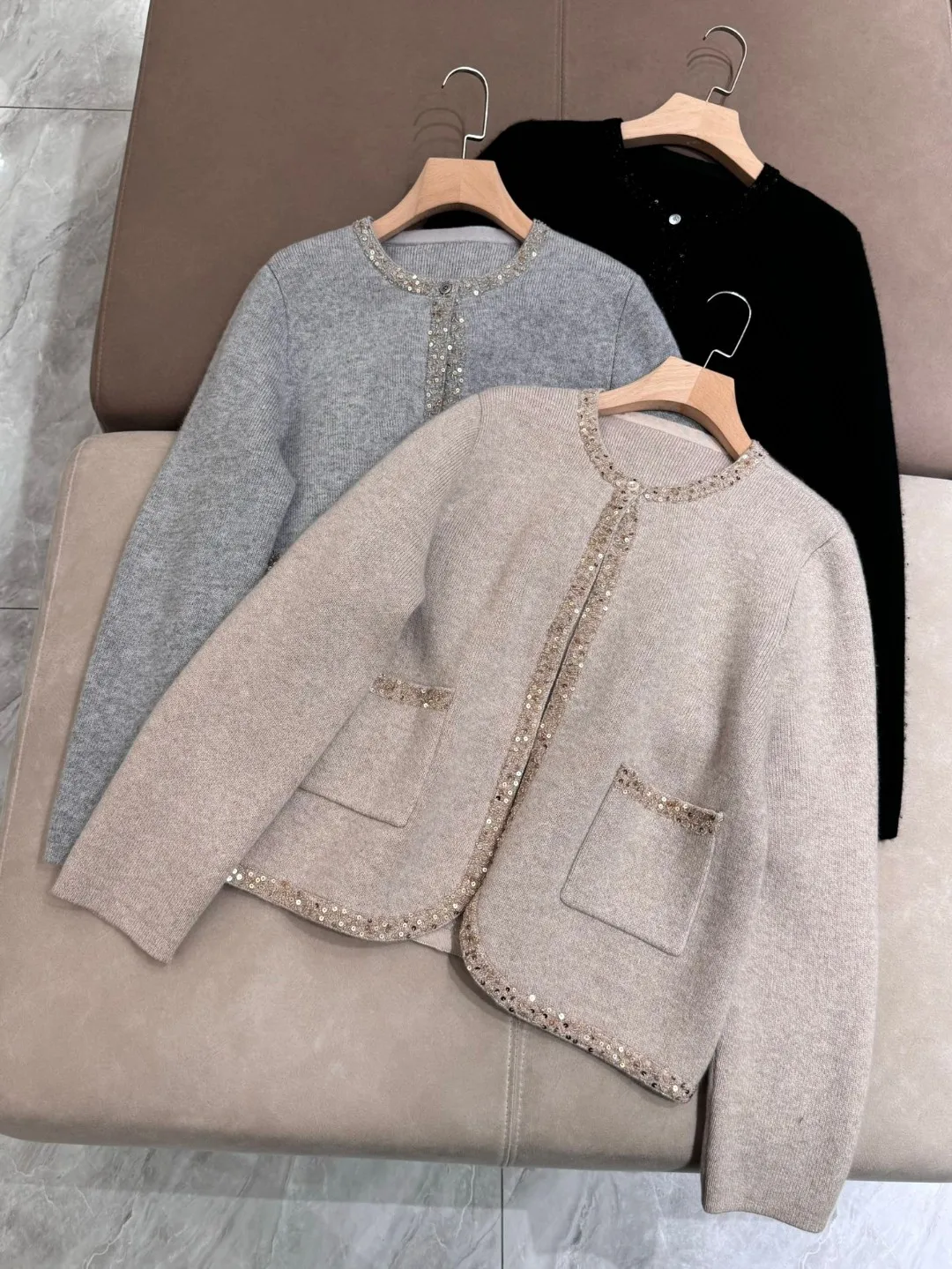 Cardigan en Cachemire avec Paillettes pour Femme, Veste Courte, Manteau d'Automne