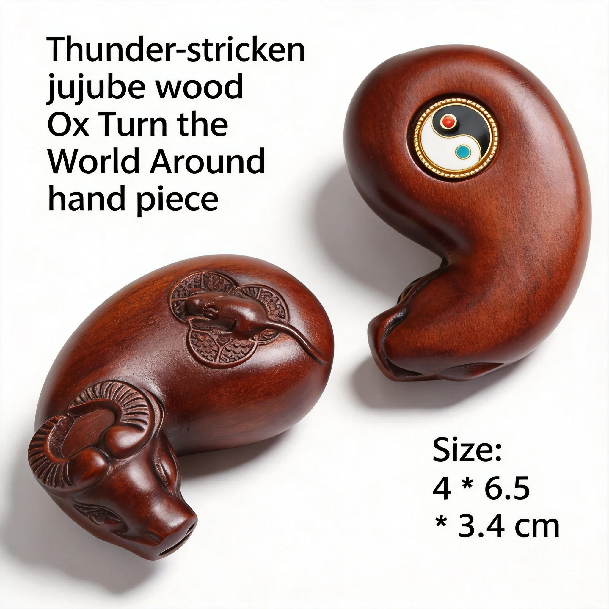 Chinese Traditional Thunder Struck Jujube Wood Ox Shape Palm Worry Stone Taoist Yin Yang Good Luck Blessing Wealth Attracting