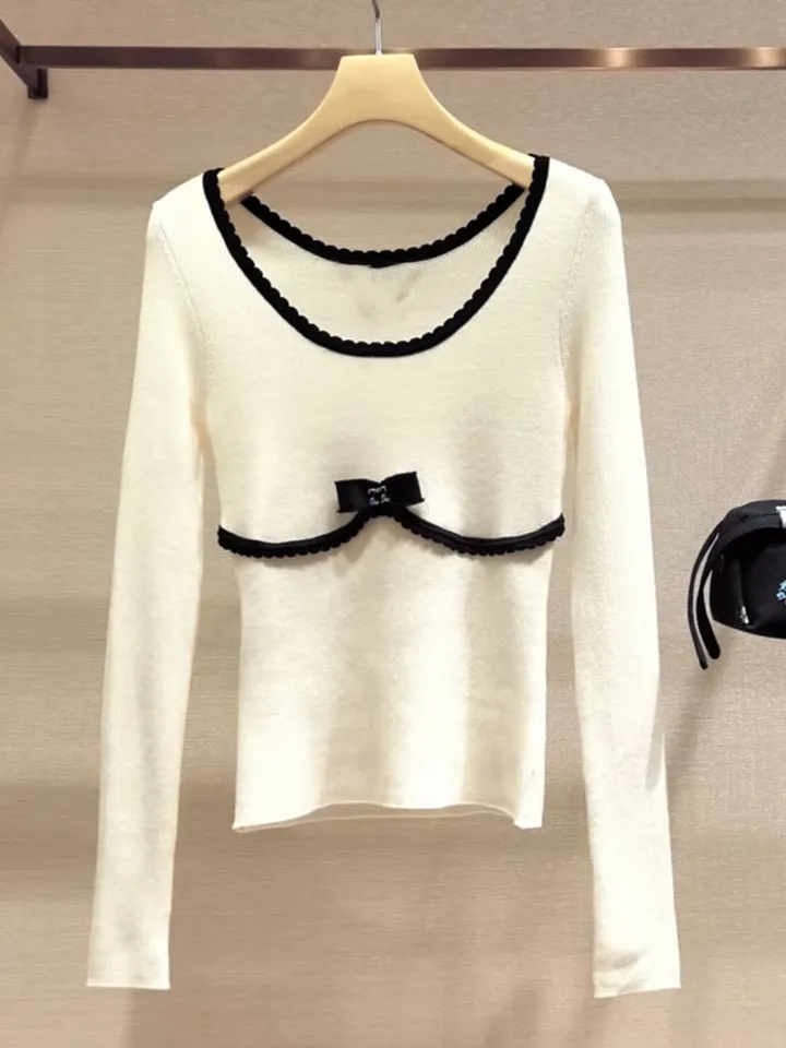 Elegant Sweet Style  Knot Color Block Lace Slimming Knitted Top Women's Fashion Slim Fit Age Defying Slimming Shirt
