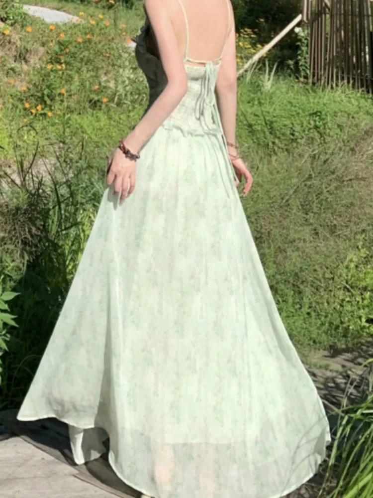 Dolce verde cinturino per spaghetti abiti da donna elegante senza maniche volant piega fata vestito da partito estate prato cortile abiti nuovo