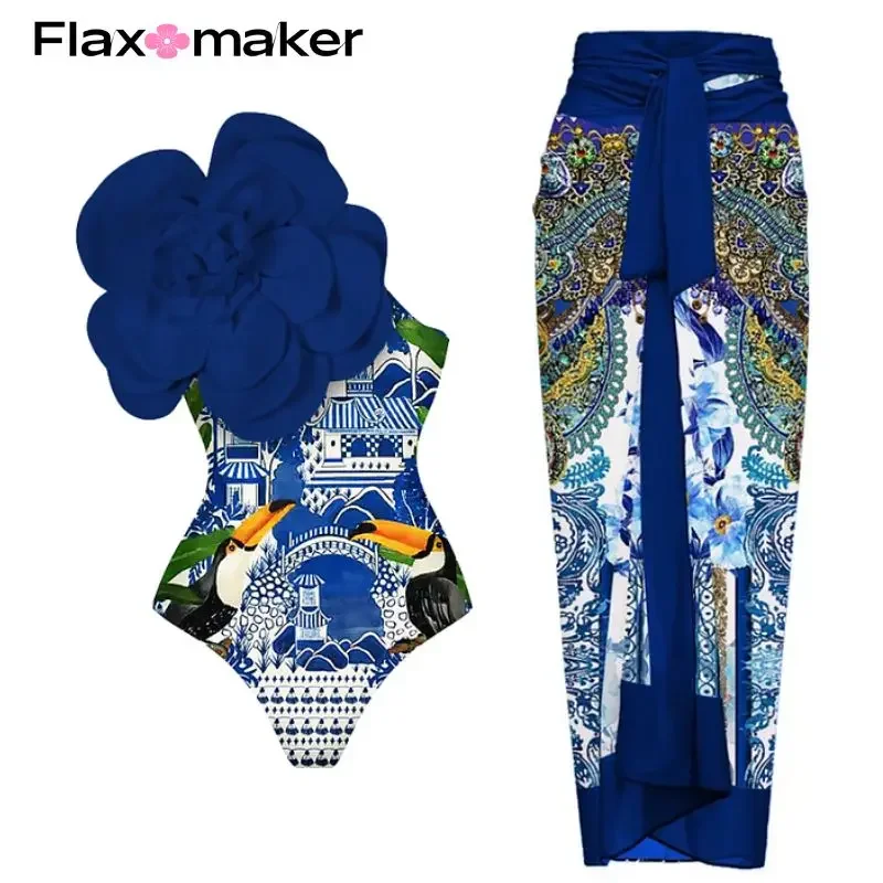 FLAXMAKER 3D Flower Printed One Piece Swimsuit and Skirt Clearance Wholesale