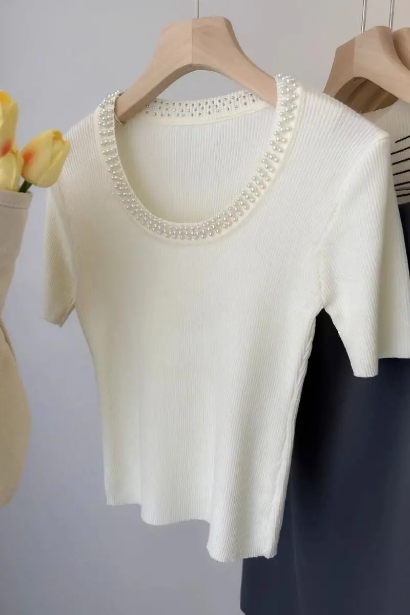 

2025 Summer Women's U Neck Knit Crop Top White Beaded French Style Slim Fit Short Sleeve Blouse High Street All-match T-shirts