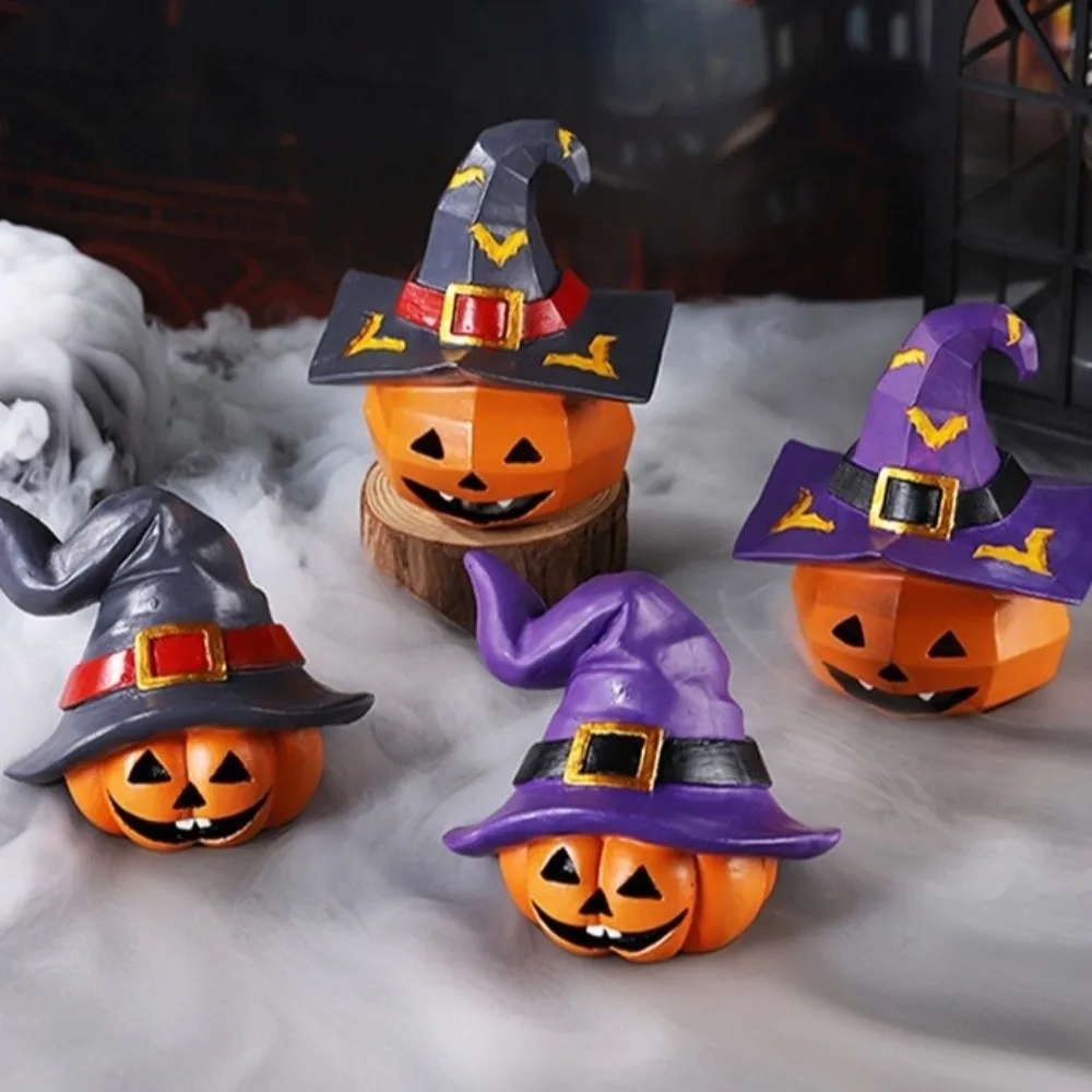 

Cartoon Halloween Pumpkin Figurine Resin Crafts Festival Pumpkin Ghost Ornaments Decorative with Hat Pumpkin Statue