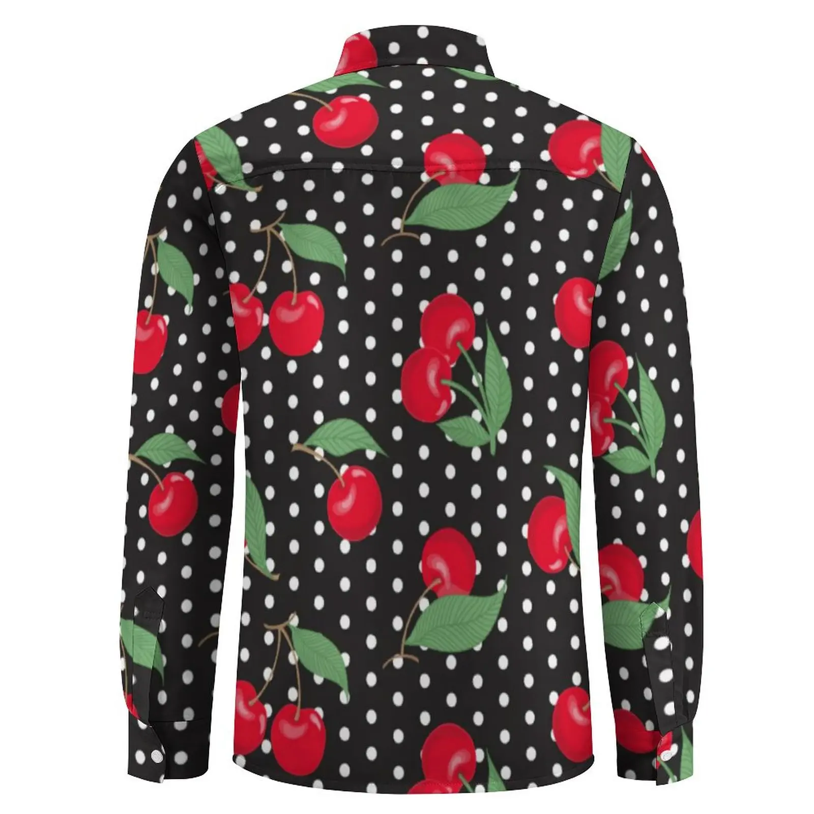 Camisa estampada de bolinhas manga comprida masculina, streetwear casual, gráfico vintage, tops grandes, vermelho, cereja, fruta, outono