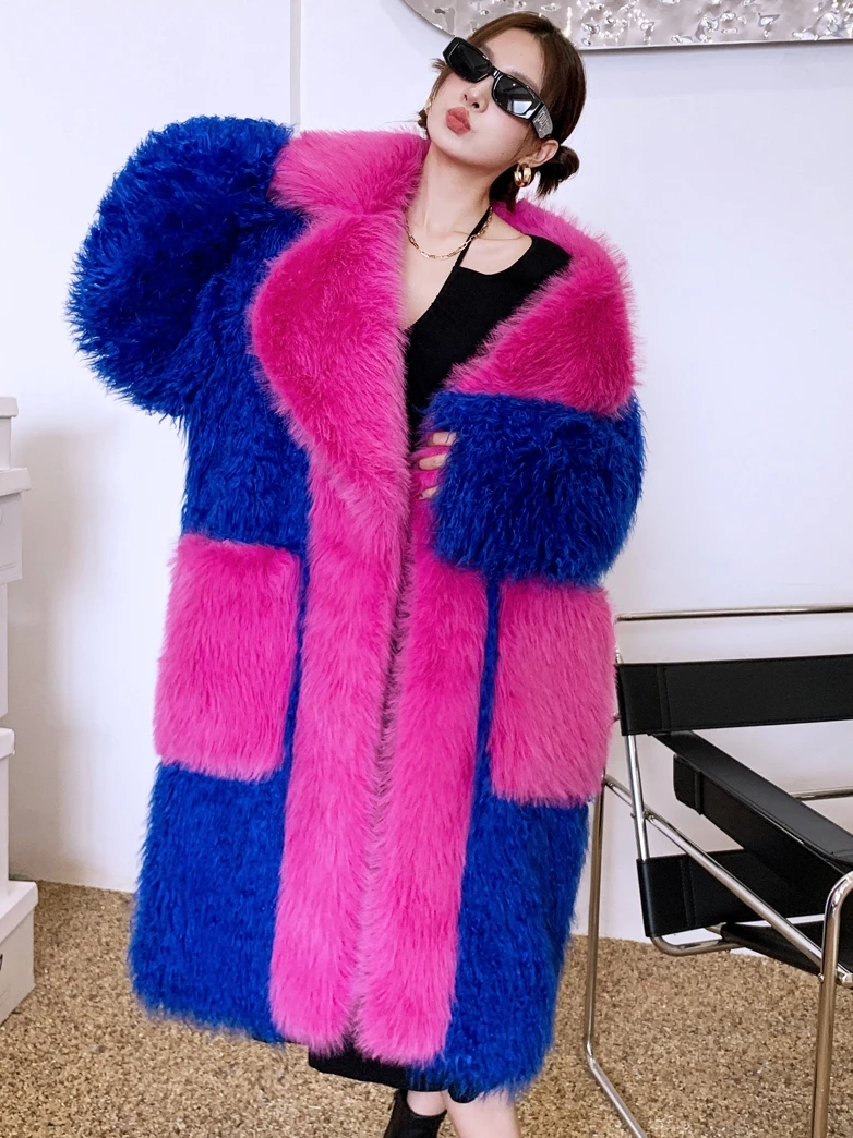 Original Design Royal Blue and Rose Red Faux Fur Coat Female Eco-friendly Long Jacket Lady Shaggy Outerwear Women\'s Winter Coats