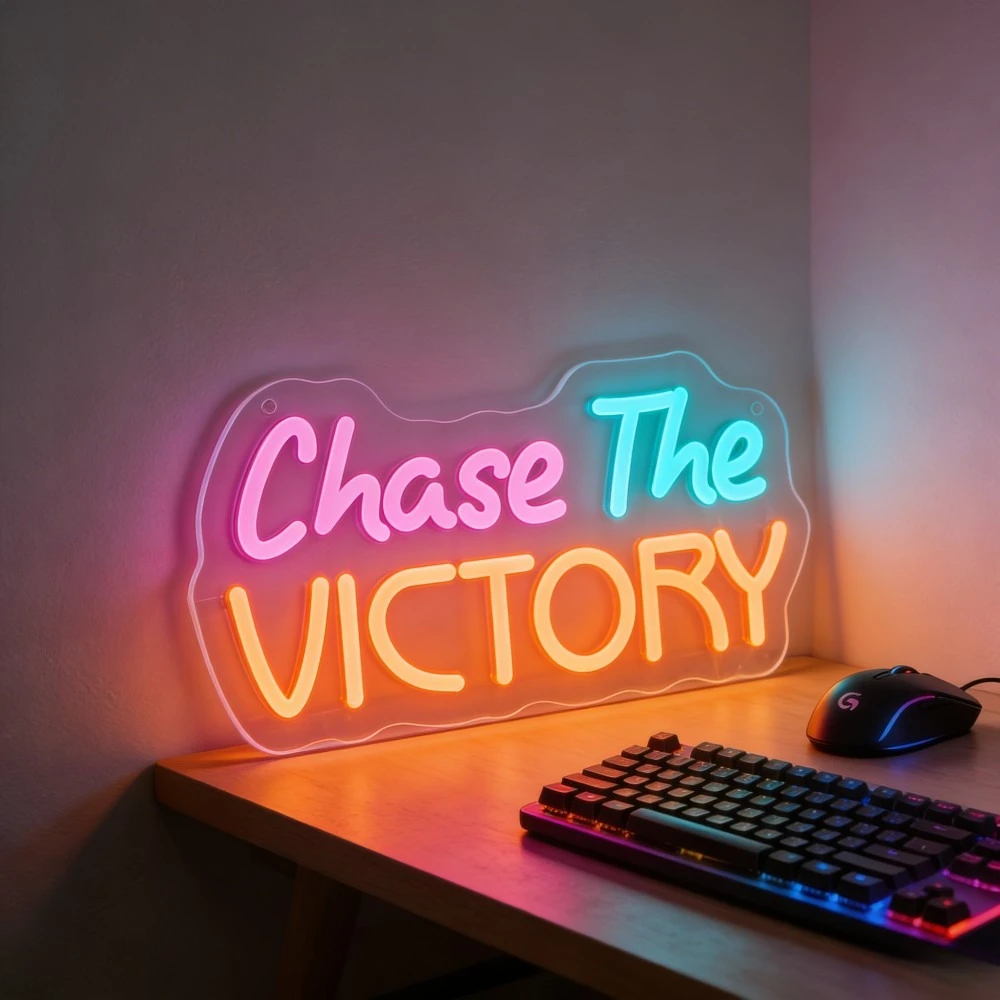 

Неоновая вывеска Chase The Victory, светодиодная, USB, с регулируемой яркостью, розовая, синяя, оранжевая, для игровой комнаты, офиса, спортзала, спортивной стены, мотивационный декор