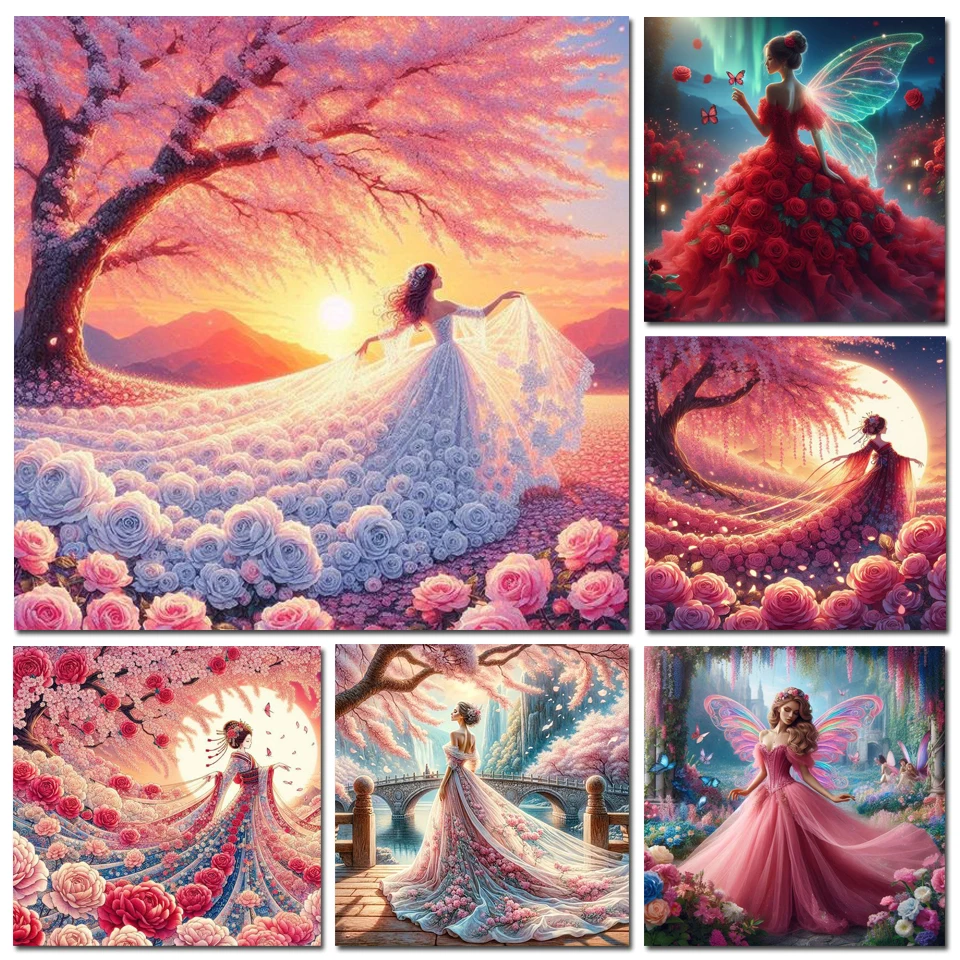 Diamond Painting New 2024 Fantasy Flower Fairy Rose Dress 5D DIY Full Diamond Mosaic Art Cartoon Embroidery Home Decorations