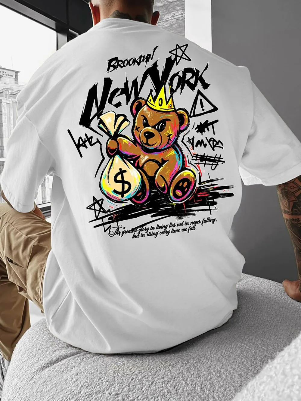 Hot selling American men's summer wealth teddy bear print micro elastic breathable round neck T-shirt outdoor casual top