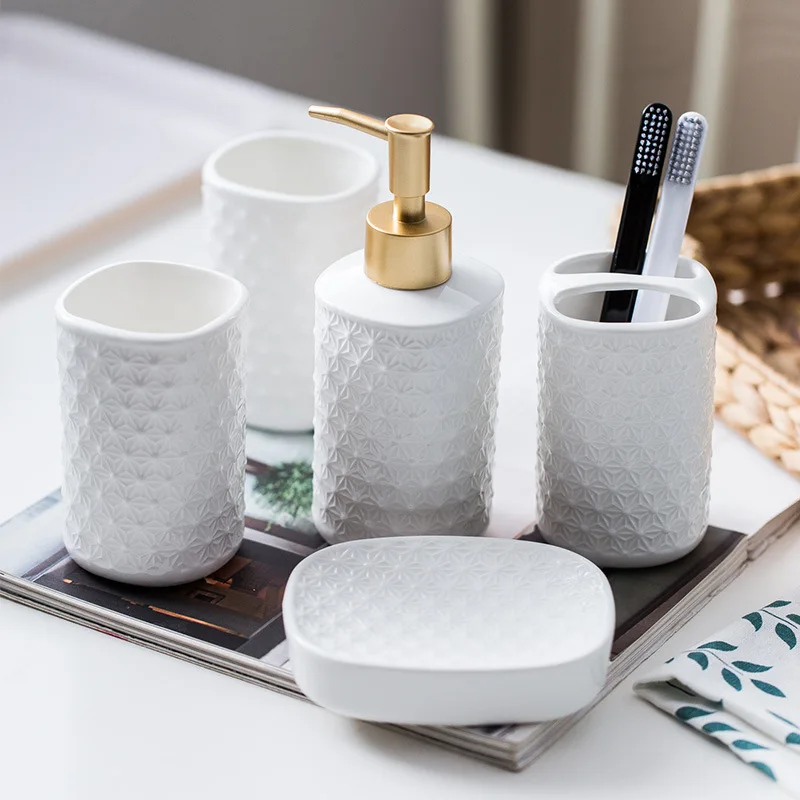 European Ceramic Bathroom Five-piece Set of Household Lotion Bottle Tooth Cup Soap Dish Set Bathroom Decoration Accessories