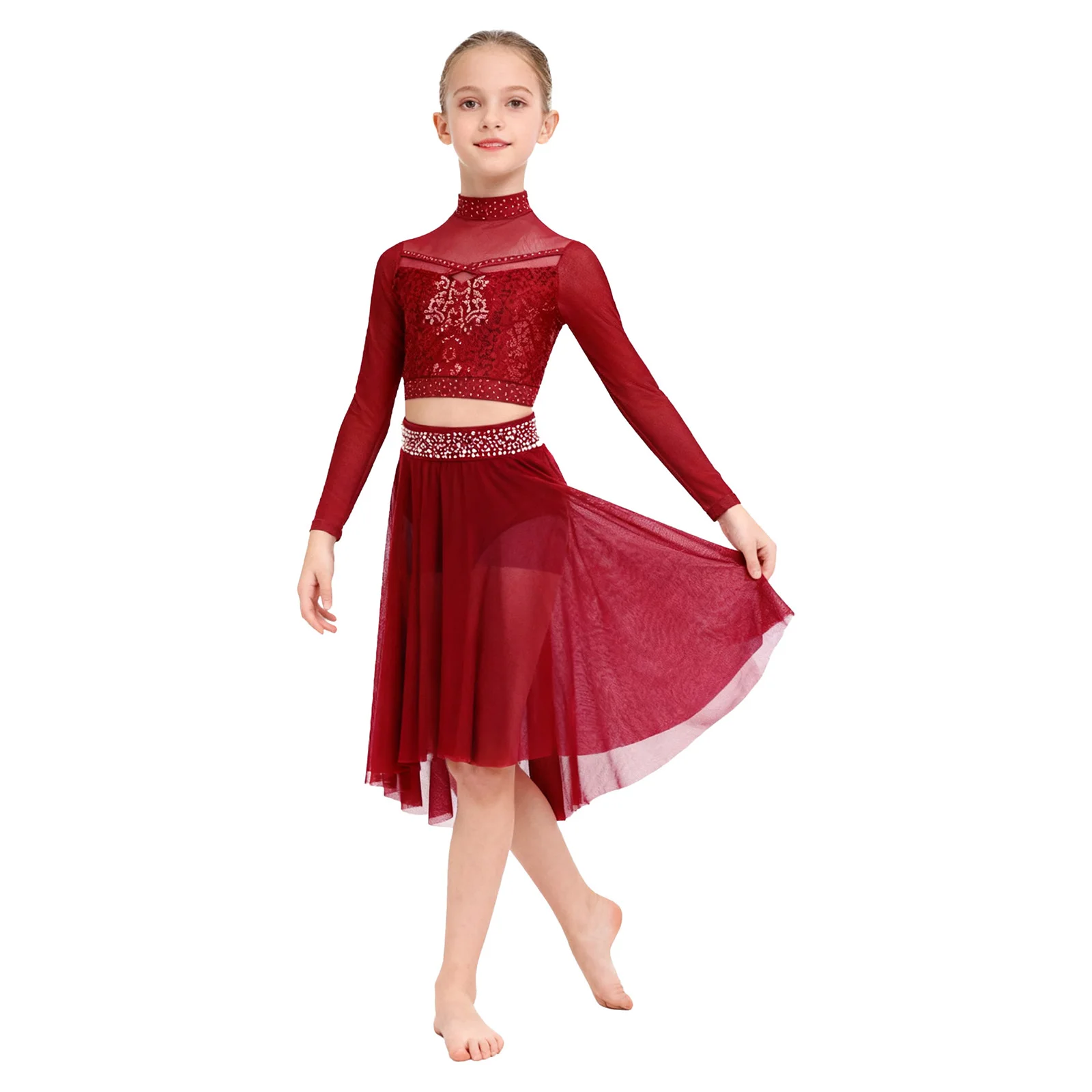 

Girls Modern Lyrical Dance Performance Costume Shiny Rhinestone Figure Skating Gymnastics Acrobatics Crop Top with Mesh Skirt