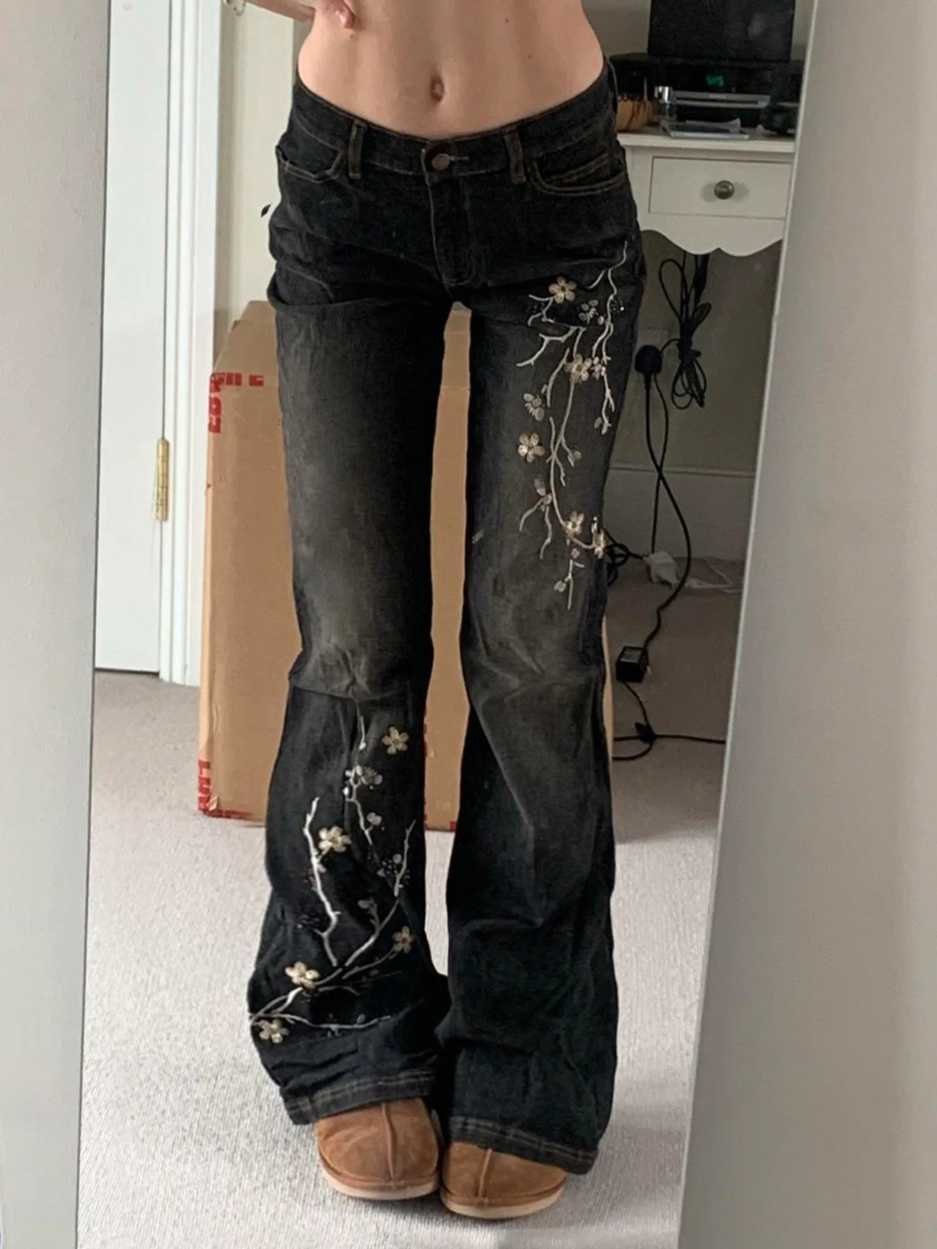 Y2K Plant Embroidery Flare Jeans Streetwear Vintage Fashion Women Slim Denim Trousers Grunge Harajuku Pants Outfits