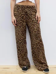 Frauen y2k Vintage Leoparden muster Hose mit weitem Bein lässig hohe Taille Kordel zug Hose 2024 Sommer Mode Büro Dame Streetwear