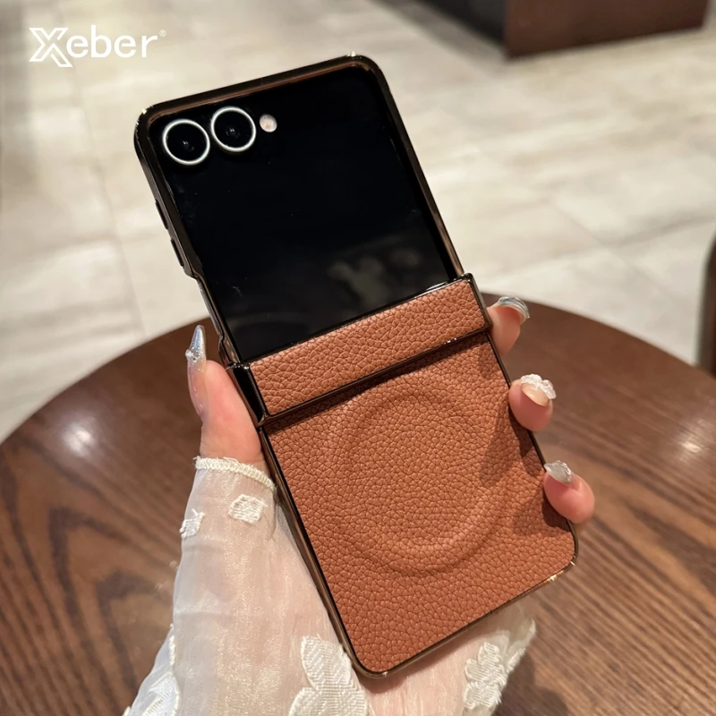 Hartschale aus PU-Leder mit Scharnier-Schutzhülle für Samsung Galaxy Z Flip 7, 6, 5, 4, 3, für Magsafe magnetische kabellose Ladeabdeckung