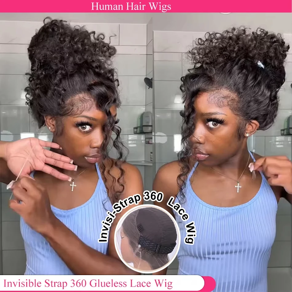 

Invisible Strap 360 HD Full Lace Glueless Wig 250 Density Kinky Curly Pre Cut Human Hair Wig Water Wave Lace Front Wigs