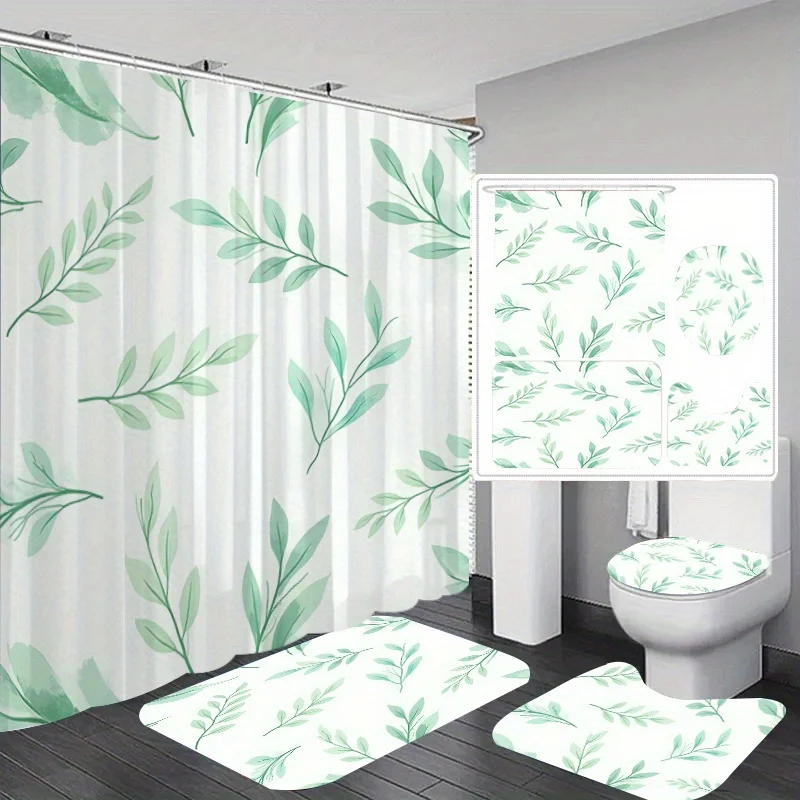 

Набор из 4 предметов: украшение для ванной комнаты со свежим зелеными листьями и пружинным принтом, занавеска для душа, нескользящий коврик, U-образный коврик, коврик для крышки унитаза