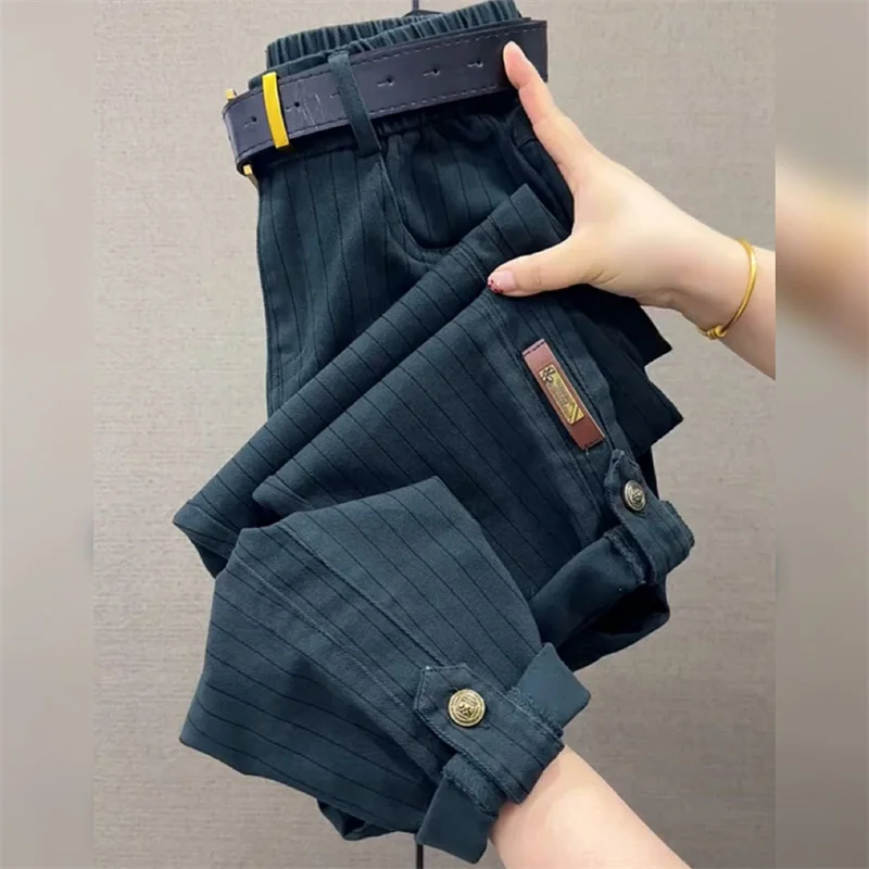 

Новые эластичные свободные брюки с высокой талией, повседневные потертые хлопковые спортивные штаны-шаровары, женские брюки, корейские весенне-осенние женские брюки 2025