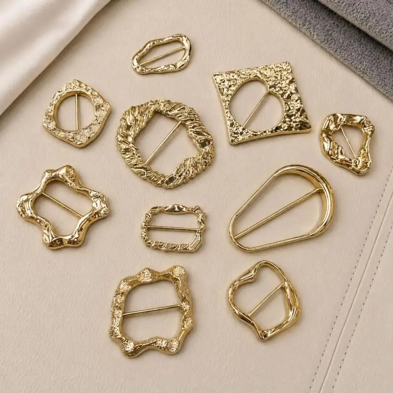 Assorted Irregular Shaped Gold Metal Buckles Textured Smooth Edge for DIY Sewing Denim Jacket Jeans Decor Accessories