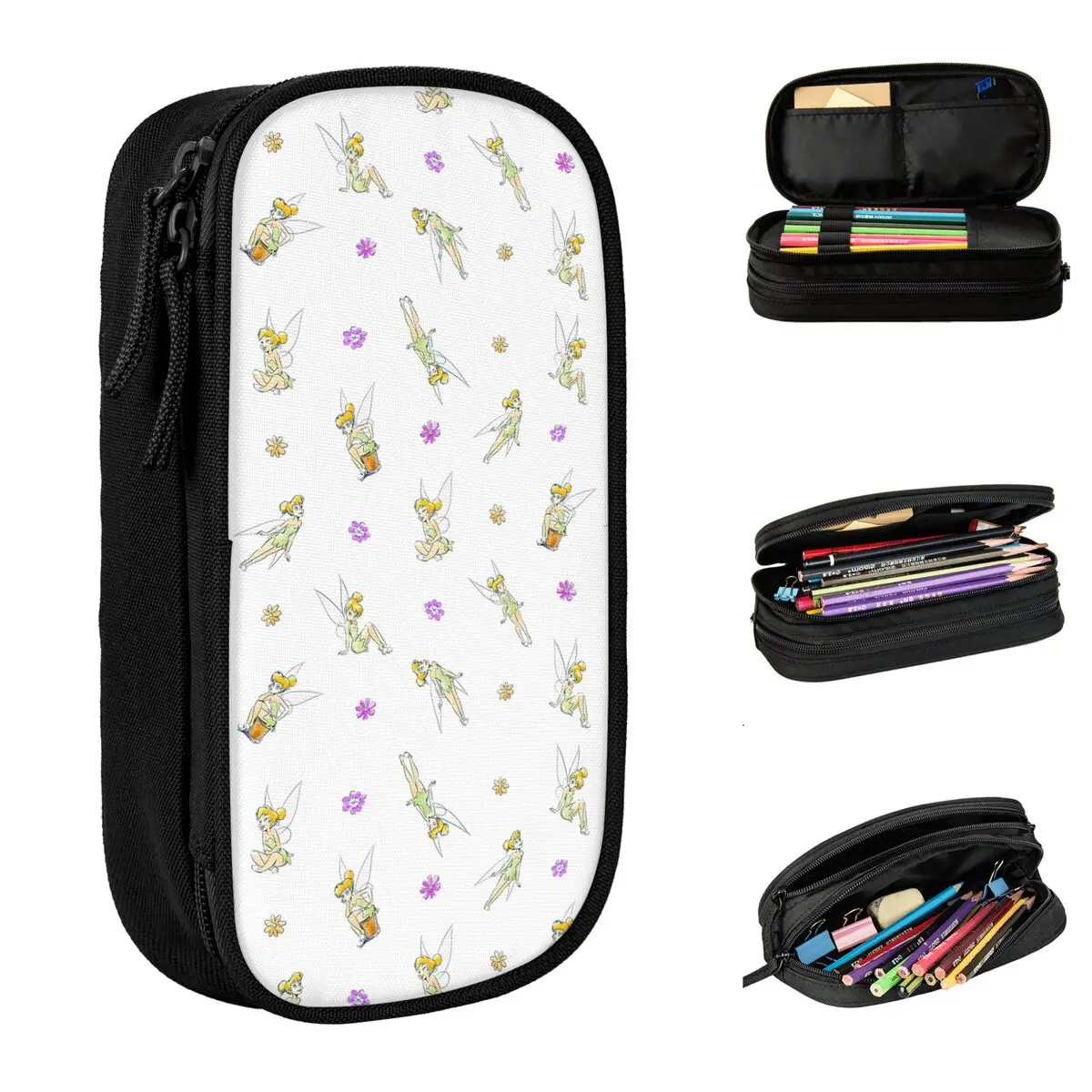 Tinker Bell Fairy Cartoon Pencil Cases Cute Princess Flower Anime Pen Box Bags Student Large Storage School Zipper Pencilcases
