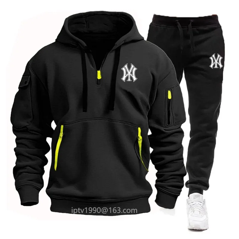 2026 Autumn Winter Men Multi Pocket Half Zip Hoodie 2PCS Tracksuit Loose Jogger Pants Outdoor Fitness Casual Sportswear
