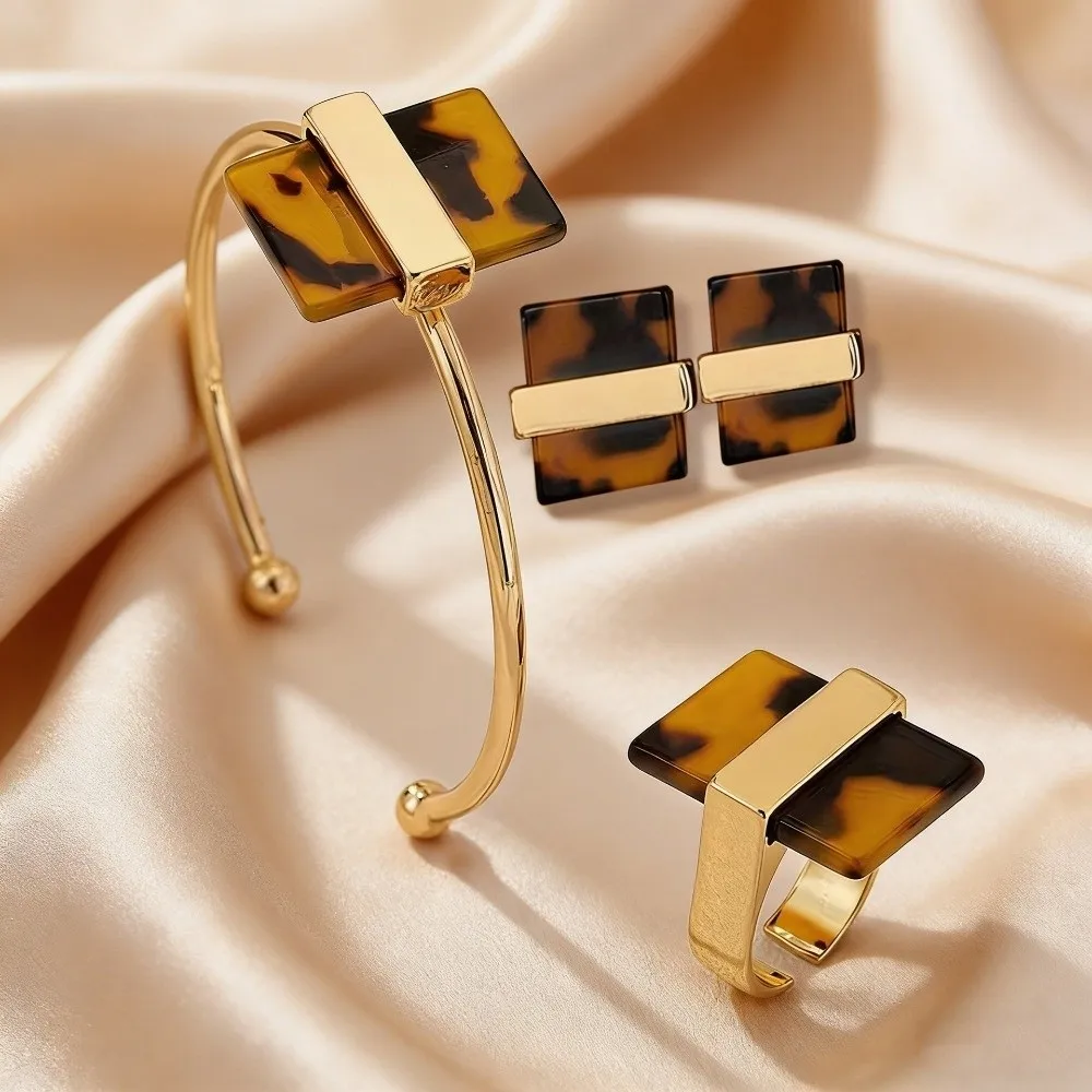 Elegant Bracelet Ring Earrings Combination Simple Circular Design Leopard Print Jewelry Acrylic Material Minimalist Style