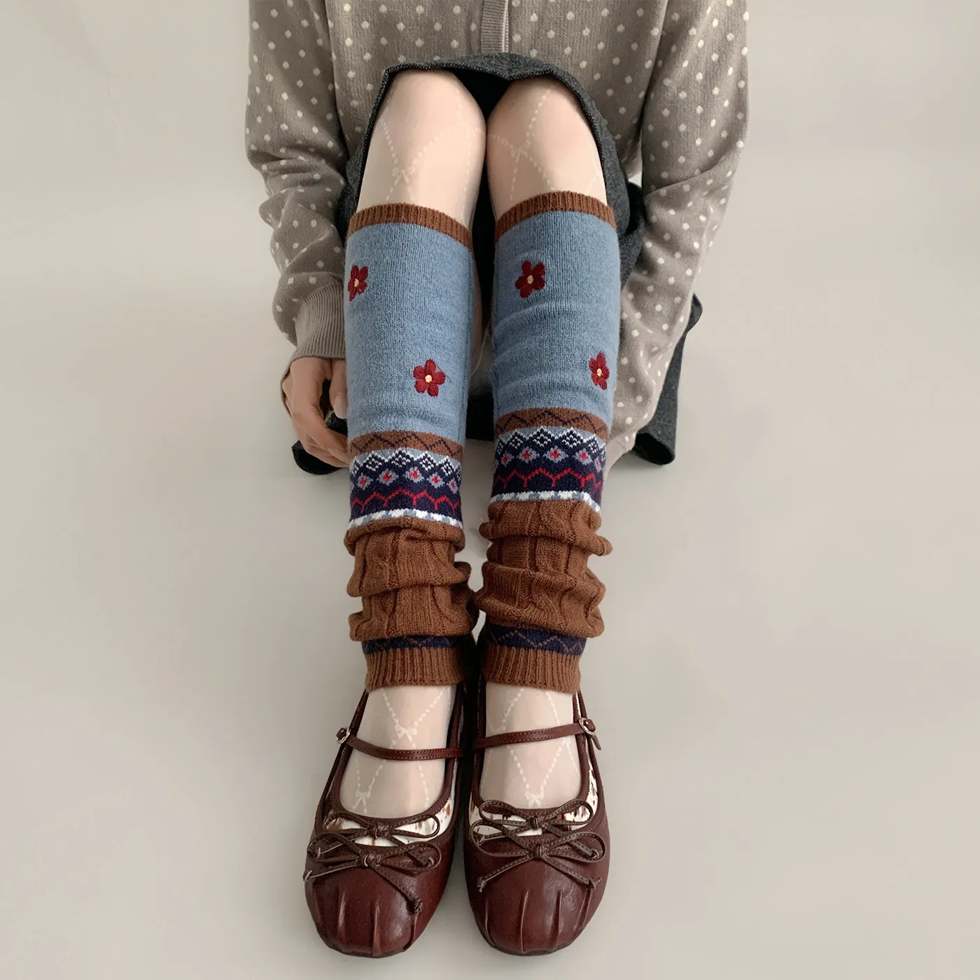 Winter Vintage Embroidered Fair Isle Style Cashmere Sock Covers Knit Warm Stacking Socks Cute Patchwork Colour Niche Leg Warmers