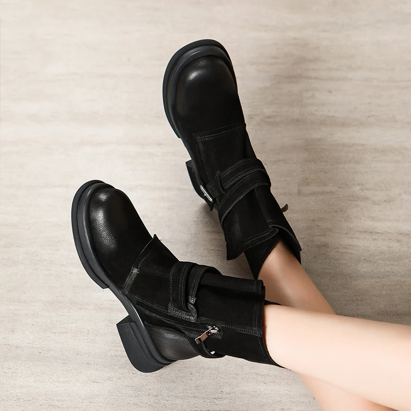 The First Layer of Cowhide British Retro Boots Female Ankle Boots Spring and Autumn Single Boots with Large Size Leather